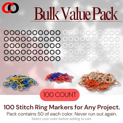 100 Pack) Soft Stitch Ring Markers for Knitting and Crochet - Flexible, Snag-Free Rubber Stitch Markers (Small Size for Needle Sizes 0-8, Black & White)