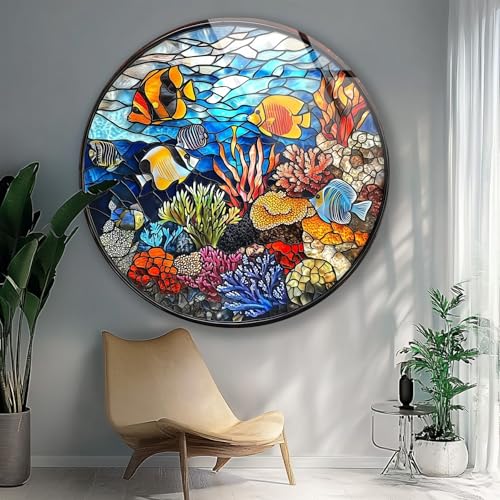 27.5''(70cm) Diameter Coral Reef Mosaic Round Glass Wall Art Tempered Glass Printing Wall Decor Large Wall Art Wall Hangings