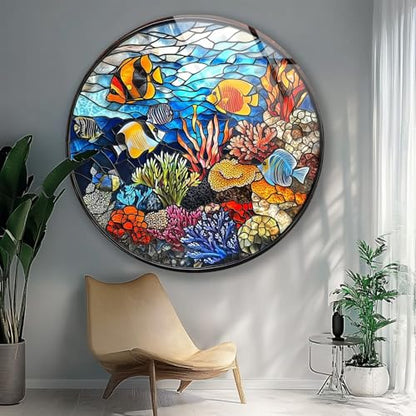 27.5''(70cm) Diameter Coral Reef Mosaic Round Glass Wall Art Tempered Glass Printing Wall Decor Large Wall Art Wall Hangings