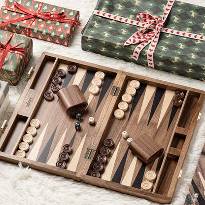 14.5” Premium Natural Walnut Folding Backgammon Sets for Adults and Kids