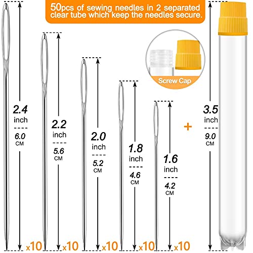 50 Pack Premium Large Eye Needles for Hand Sewing with Needle Threaders (50 Count)