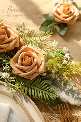 Artificial Flowers 50pcs Real Looking Gold Foam Fake Roses with Stems for DIY Wedding Bouquets Bridal Shower Centerpieces Floral Arrangements Party Tables Home Decorations (50 Count)
