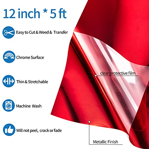 Red Metallic Foil Heat Transfer Vinyl 12" x5ft Red HTV Vinyl Roll Chrome Iron on Vinyl Easy to Cut & Weed DIY Heat Press Design for T