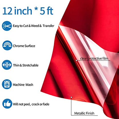 Red Metallic Foil Heat Transfer Vinyl 12" x5ft Red HTV Vinyl Roll Chrome Iron on Vinyl Easy to Cut & Weed DIY Heat Press Design for T