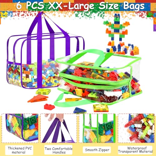 6 Colors XXL Toy Storage Bags with Labels Reusable Clear Toy Organizer (6 Count)