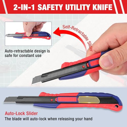 2-In-1 Safety Utility Knife Retractable Snap-off blade, Metal Box Cutter Set, Razor Knife Exacto Craft Knives, with 10 Extra 9mm Blades, Pack of 3