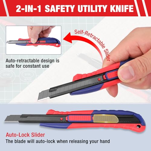 2-In-1 Safety Utility Knife Retractable Snap-off blade, Metal Box Cutter Set, Razor Knife Exacto Craft Knives, with 10 Extra 9mm Blades, Pack of 3