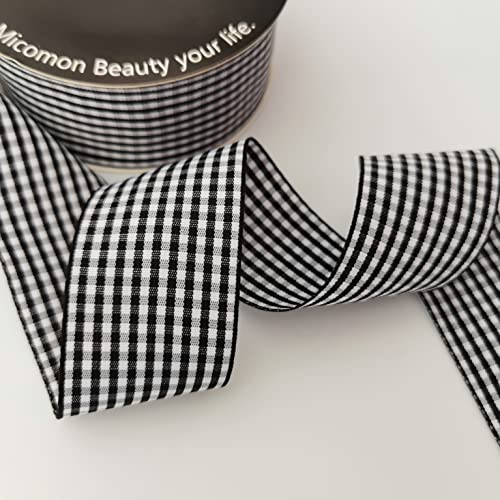 1.5 Inch Black and White Woven Edge Gingham Ribbon 25 Yards Each Roll 100% Polyester (75 Feet)