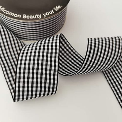 1.5 Inch Black and White Woven Edge Gingham Ribbon 25 Yards Each Roll 100% Polyester (75 Feet)