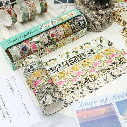 10 Rolls Blooming Flowers Washi Tape Set Floral Arts Adhesive Tapes Colorful Garden Decorative Masking Tape Sets for Craft (10 Count)
