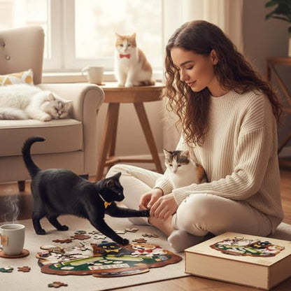 Cats Mahjong Puzzles Adults Gifts Wooden 145 Pieces (145 Count)