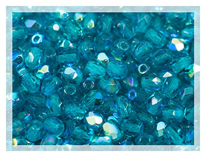 1.8oz (50g, Approx. 600 Beads) Faceted Fire Polished Pressed Czech Glass Beads 4mm (0.16in), Aqua Blue AB 60150 27801 (600 Count)