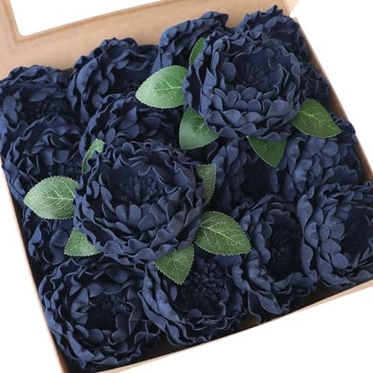 Artificial Flowers 16pcs 4" Navy Blue Blooming Peonies Real Looking Foam Fake Peony with Stems for DIY Wedding Bouquets Bridal Shower Centerpieces Floral Arrangements Party Tables Decorations (16 Count)