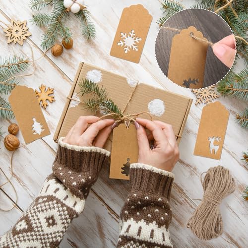 150 Pieces Christmas Paper Gift Tags Brown Kraft Tags Hang Labels Christmas Tree Snowflake Reindeer Design with 30 Meters Jute Twine for Christmas DIY Wrapping Favor Holiday Present (150 Count)
