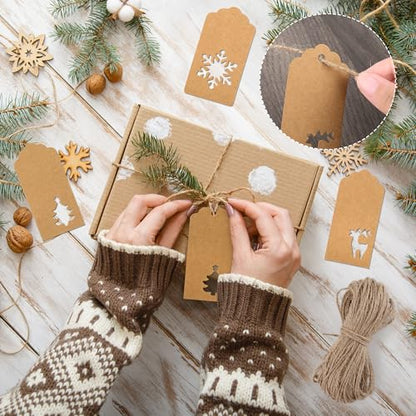 150 Pieces Christmas Paper Gift Tags Brown Kraft Tags Hang Labels Christmas Tree Snowflake Reindeer Design with 30 Meters Jute Twine for Christmas DIY Wrapping Favor Holiday Present (150 Count)