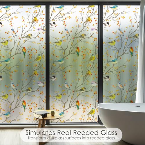 Reeded Glass Window Film Seamless Pattern Colored Birds 17.7" x 78.7"