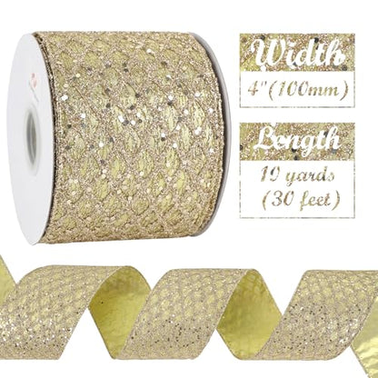 Glitter Champagne Gold Wired Christmas Ribbon 4 inch x 10 Yards (30 Foot)