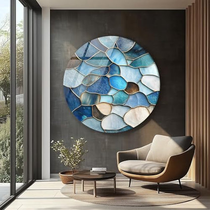 20''(50cm) Diameter Coastal Blue Stone Mosaic Round Glass Wall Art Tempered Glass Printing Wall Decor Large Wall Art Wall Hangings