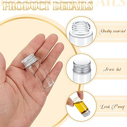 100 Pcs Small Clear Vials Spice Mini Jars with Lids Mini Glass Bottles with Screw Aluminum Metal Caps Tiny Jars Sample Containers for Powder Cream Cosmetic Jewelry Wedding