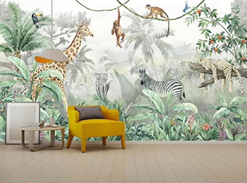 Kids Wallpaper Tropical Leves and Safari Animals (110.1 Sq Ft)