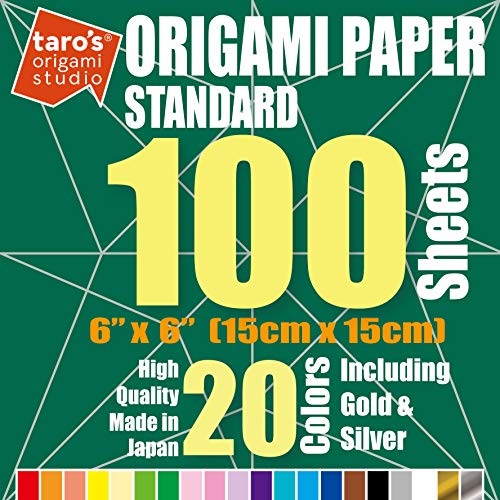 Taro's Origami Studio] Standard 6 Inch One Sided 20 Colors 100 Sheets Square Easy Fold Premium Japanese Paper for Beginner