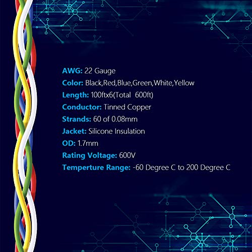 22 AWG Stranded Wire Spool 100ft Each 6 Colors (6 Count)