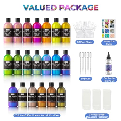 20 Colors Iridescent Metallic Acrylic Pour Paint Supplies Kit 8.45oz (169 Fl Oz)