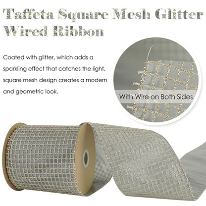 Champagne Square Mesh Wired Christmas Ribbon 4 inch x 10 Yards (30 Foot)