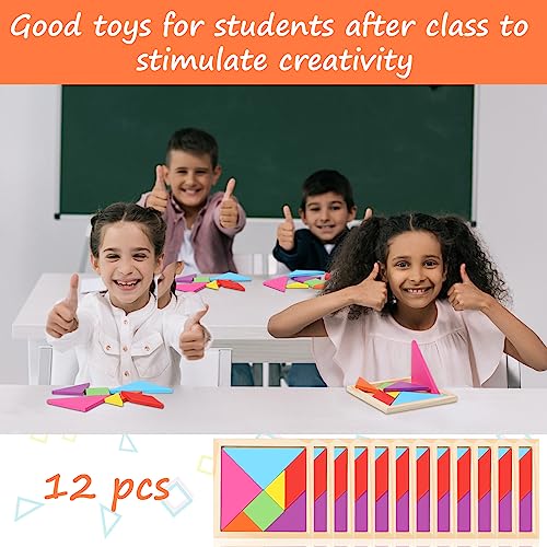 12 Pack Tangrams Wooden Puzzles Tangrams Set f Shape Puzzles Brain Logic Blocks for Games Educational Gifts for Adults Students (12 Count)