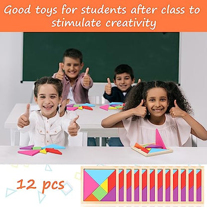 12 Pack Tangrams Wooden Puzzles Tangrams Set f Shape Puzzles Brain Logic Blocks for Games Educational Gifts for Adults Students (12 Count)