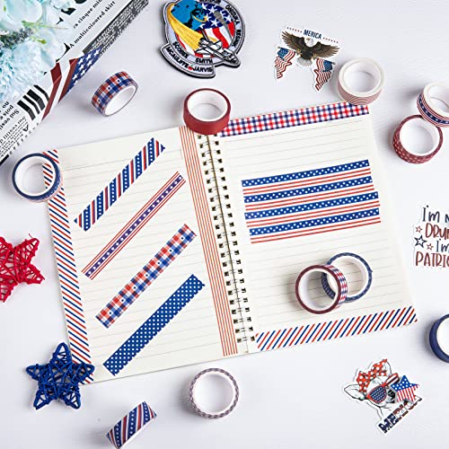 12 Rolls 4th of July Washi Tape Patriotic Stars Stripes Washi Masking Tape Red Blue White Plaids Decorative Paper Stickers for Independence Day Scrapbook Gift Wrapping DIY Art Crafts (196.8 Foot)