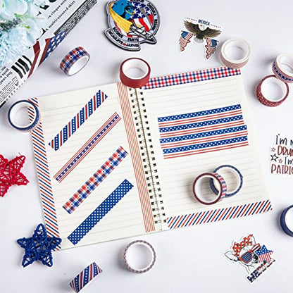 12 Rolls 4th of July Washi Tape Patriotic Stars Stripes Washi Masking Tape Red Blue White Plaids Decorative Paper Stickers for Independence Day Scrapbook Gift Wrapping DIY Art Crafts (196.8 Foot)