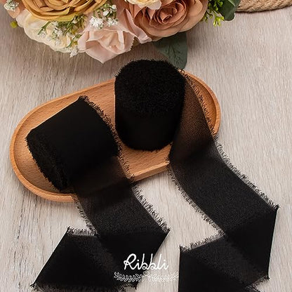 Black Chiffon Ribbon 2 Inch x 20 Yard Handmade Fringe Chiffon Silk Ribbon Black Ribbon for Gifts Wrapping (60 Foot)