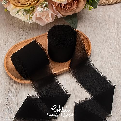 Black Chiffon Ribbon 2 Inch x 20 Yard Handmade Fringe Chiffon Silk Ribbon Black Ribbon for Gifts Wrapping (60 Foot)