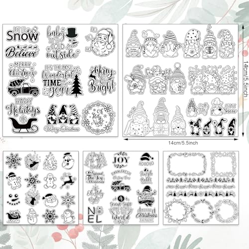 5 Sheet Christmas Clear Stamps Wreath Snowman Gnome Silicone Transparent Stamps Greeting Words Border Stamp Cards for DIY Craft Card Making Scrapbooking Embossing Album Decor (5 Count)