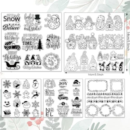 5 Sheet Christmas Clear Stamps Wreath Snowman Gnome Silicone Transparent Stamps Greeting Words Border Stamp Cards for DIY Craft Card Making Scrapbooking Embossing Album Decor (5 Count)