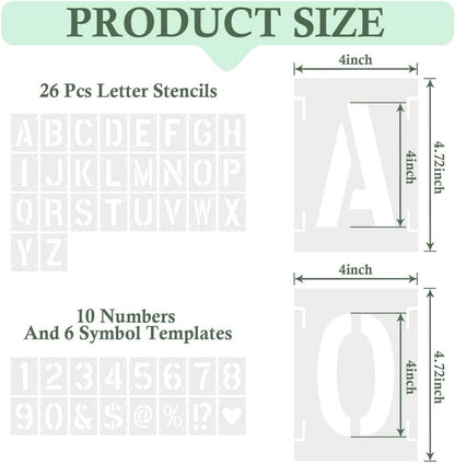 4 Inch 42 Pcs Reusable Letter Number Symbol Stencils, Plastic Painting Templates for Wood Wall Fabric Rock Chalkboard Signage School Door Porch DIY Art Craft Decoration Projects