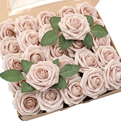 Artificial Flowers 25pcs Real Looking Nude Foam Fake Roses with Stems for DIY Wedding Bouquets Bridal Shower Centerpieces Floral Arrangements Party Tables Home Decorations (25 Count)