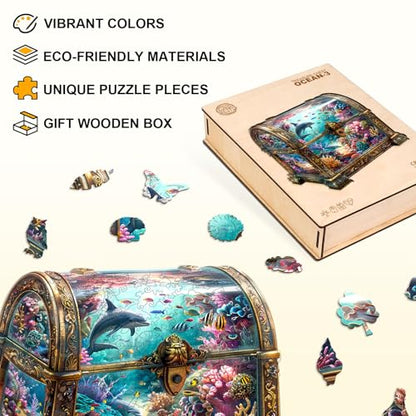 Wooden Puzzles Adults Treasure Chest Ocean Jigsaw 13.4*12.9in (260 Count)
