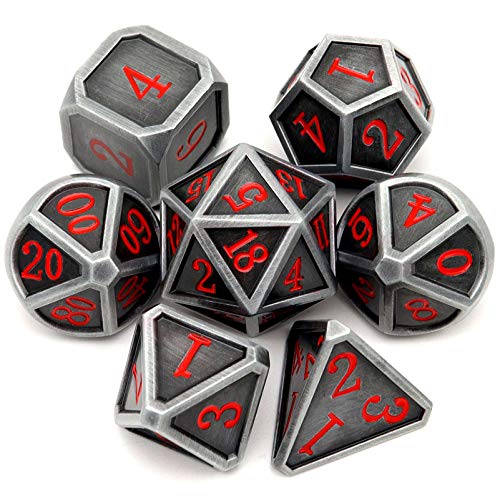 Ancient Silver Metal DND Dice Set D&D 7PCS Large Rounded Antiue Iron RPG Dice Red Numbers for Dungeons and Dragons TTRPG Game Gifts'
