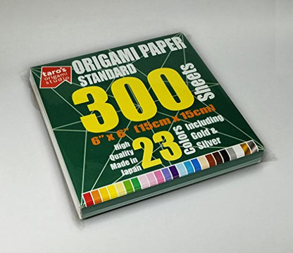 Taro's Origami Studio] Standard 6 Inch One Sided 23 Colors 300 Sheets Square Easy Fold Premium Japanese Paper for Beginner