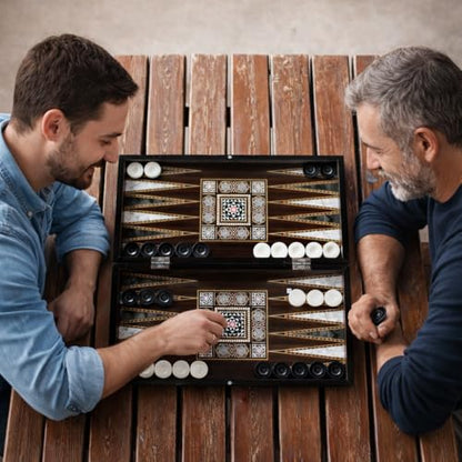 Park&Oz Pearl Premium Turkish Backgammon and Checkers Set 19 Inch Handmade 2 in 1 Wooden Board Game with Glossy Finish Luxury Checkers and Dice Travel Friendly and Foldable