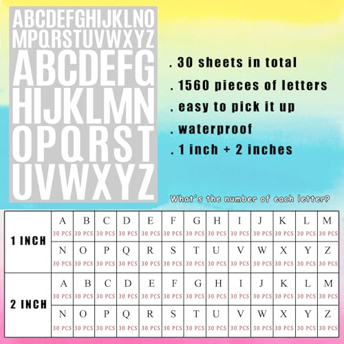 Letter Stickers 1560 Pieces 30 Sheets Stick on Vinyl Letters Capital Alphabet Sticker Letter for Craft Bulletin Boards Classroom Home Business Decor (1560 Count)