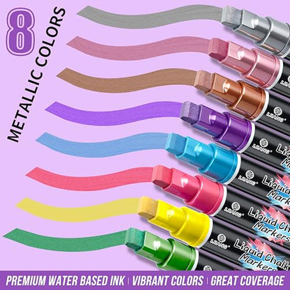 Chalk Markers 8 Metallic Colors Set for Glass Surfaces & Windows (8 Count)