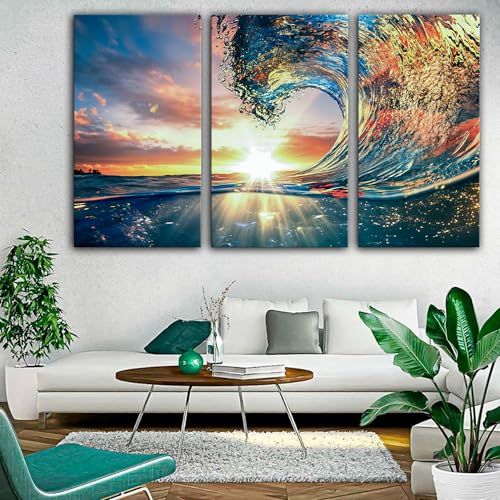 Shining Sun and Waves Printed Tempered Glass Wall Art Painting for Living Room
