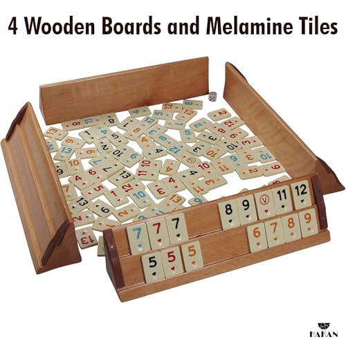 Turkish Okey Game Rummy Cube Game Rummy Cube Set with 4 Straight Wooden Racks Tile Holder and 106 Melamine Tiles Stones in Pouch