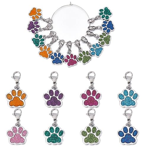 1 Box 16Pcs Knitting Stitch Markers Cute Pet Paw Dog Cat Paws Enamel Charms Lobster Clasp Charms Removable Locking Crochet Pendants for Sewing Weaving DIY Zipper Pull Decoration