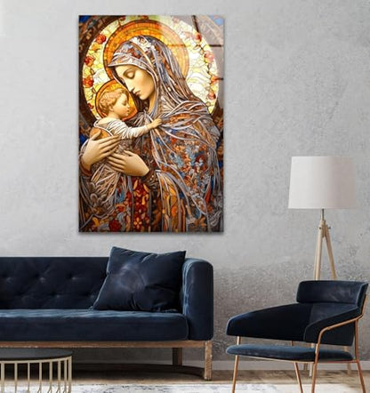 32Wx48H'' Jesus and Virgin Mary Glass Wall Art Tempered Glass Printing Wall Decor Large Wall Art Wall Hangings