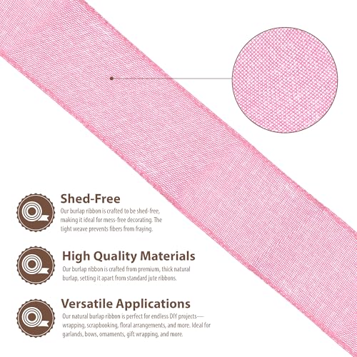 2 1 2 Inch Wide Pink Wired Burlap Ribbon for Crafts