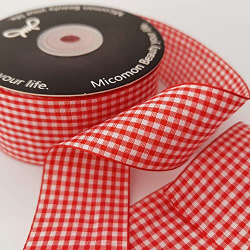 1.5 Inch Red and White Woven Edge 100% Polyester Gingham Ribbon 25 Yards Each Roll (75 Feet)